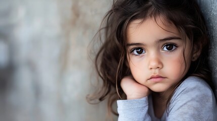 Poster - Adorable Little Girl with Big Brown Eyes Posing Elegantly in Casual Outfit : Generative AI