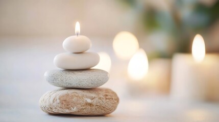 Aufkleber - Calm Meditation Stones Stacked with Lit Candle on Soft Background for Relaxation and Wellness : Generative AI