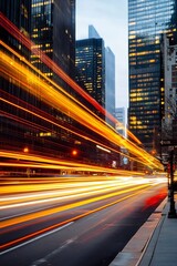 Poster - Dynamic city street with blurred light streaks at dusk showcasing urban energy and movement : Generative AI