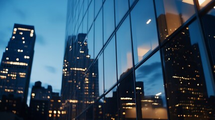 Leinwandbilder - Stunning city skyline reflections against the glass facade of modern skyscrapers at twilight : Generative AI