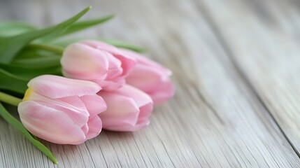 Poster - Elegant Pink Tulips on a Textured Wooden Table for a Fresh Spring Bouquet Display : Generative AI