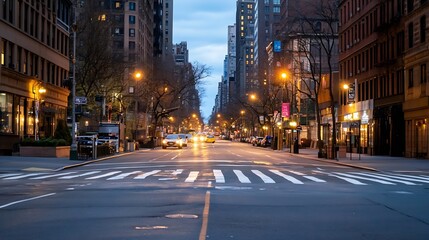 Poster - Quiet Urban Street at Dusk with Traffic Lights and Reflections : Generative AI