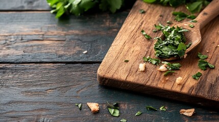 Aufkleber - Chopped Fresh Herbs on Wooden Cutting Board for Culinary Uses : Generative AI
