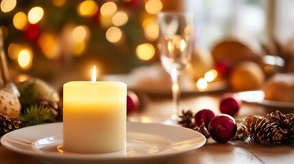 Aufkleber - Serene Christmas Candle on Festive Table with Bokeh Lights in Background : Generative AI