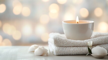 Poster - Serene white candle glowing softly on stacked towels for a peaceful ambiance : Generative AI
