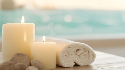 Poster - Relaxing Spa Setup with Warm Candles Soft Towels and Natural Stones by the Poolside : Generative AI