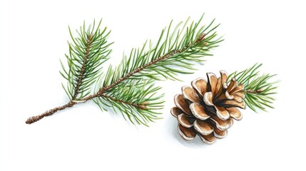 Pine branch and cone on white; winter holiday design