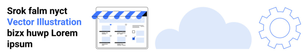 online store interface with a striped awning, blue cloud silhouette, and gear icon. ideal for websit