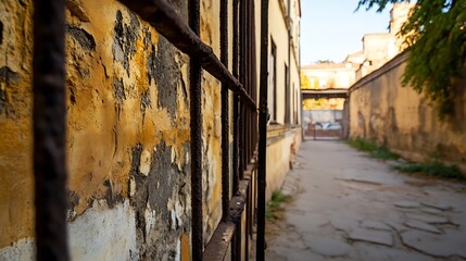 Poster - Urban Exploration of Weathered Walls and Iron Bars Revealing Impressive Textures and Colors : Generative AI