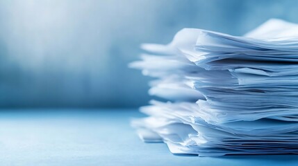 Aufkleber - Stack of neatly organized white paper sheets on a calm blue desk perfect for business or office use : Generative AI