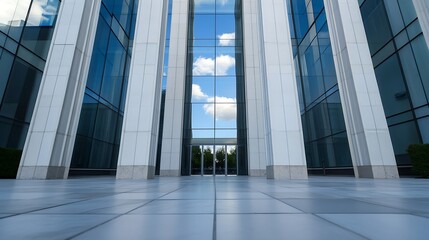 Poster - Modern Architectural Facade with Reflections and Blue Skies in Urban Setting : Generative AI