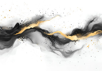 Wall Mural - Abstract black and white watercolor illustration of an ink wash painting with gold accents on a transparent background, creating a sense of fluidity in the design. The color palette includes 