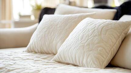 Fototapete - Cozy Elegant Couch with Soft Comfortable Pillows in Bright Living Room : Generative AI
