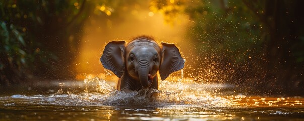 Baby Elephant Splashing in Water with Sunlit Background