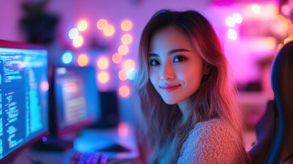Smiling young woman programmer coding at night.