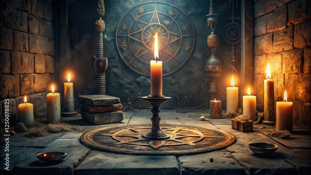 A darkened, eerie room with a single candle flickering on a stone altar ...