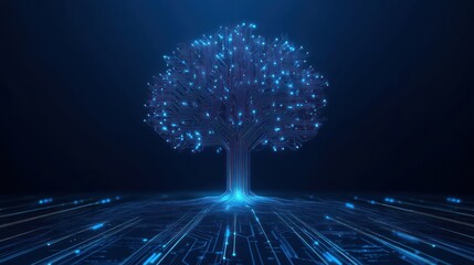 Glowing digital tree on circuit board, network concept