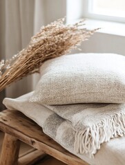 Poster - Stylish home decor featuring soft pillows and dried flowers on a wooden bench : Generative AI