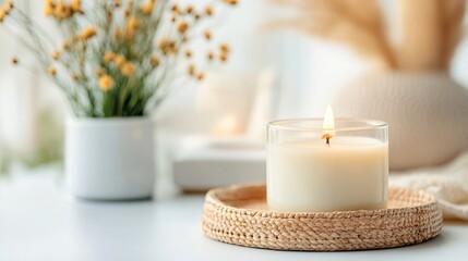 Poster - Cozy arrangement of a lit candle with delicate flowers in a bright and airy modern interior setting : Generative AI