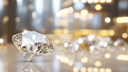 Aufkleber - Brilliant cut diamond sparkling on a stylish marble surface with soft blurred background lights : Generative AI