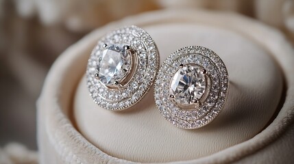 Aufkleber - Close up of luxurious diamond earrings displayed elegantly in a velvet jewelry box : Generative AI
