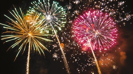 Aufkleber - Vibrant Fireworks Bursting in Vivid Colors Over a Night Sky for Celebrations : Generative AI