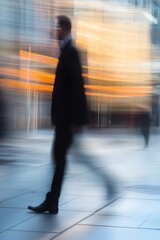 Fototapete - Dynamic Motion of a Businessman Walking Through a City Street at Dusk with Blurred Background Lights : Generative AI