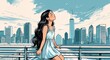 © Arceli - A teenage girl daydreaming with long waves wearing a summer sundress leaning on a bridge overlooking the city skyline in a simple hand drawing flat line design