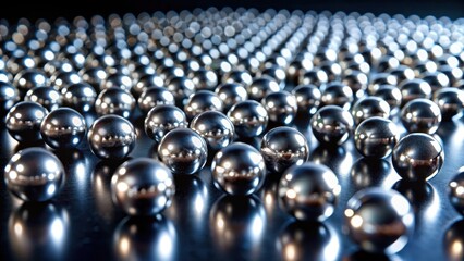 Small metallic balls with reflective surface scattered across a dark glossy surface, creating a mesmerizing pattern of light and shadow, light, industrial