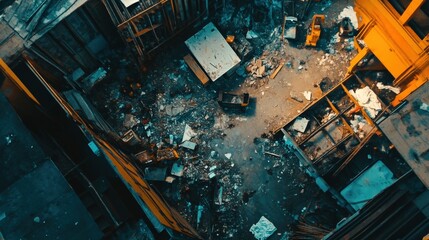 Aerial view of a cluttered construction site with debris and machinery amidst urban development