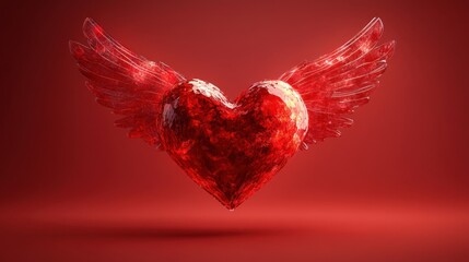 Wall Mural - Red crystal heart with wings on red background.