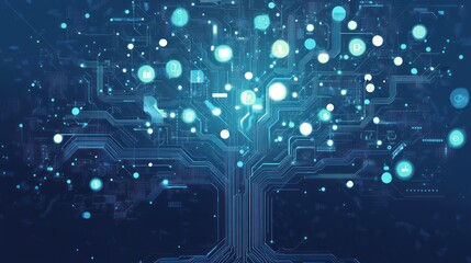 Digital tree network glowing, data flows, global connection, background dark blue, website header