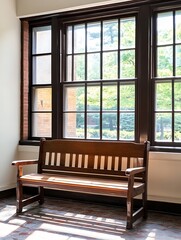 Poster - Cozy wooden bench by large windows showcasing beautiful outdoor greenery in natural light : Generative AI