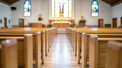 Aufkleber - Quiet and Serene Interior of a Church with Wooden Benches : Generative AI