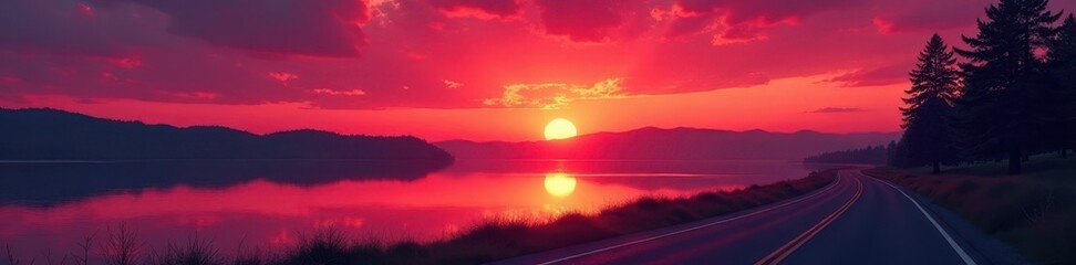 Wall Mural - crimson sunset paints lake and road, silhouettes of trees, still, path, beautiful