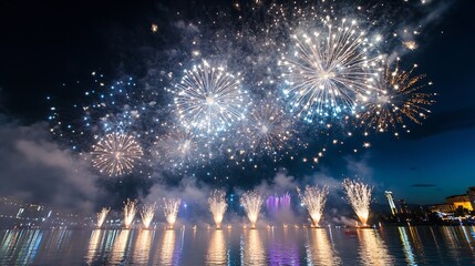 Aufkleber - Spectacular Fireworks Display Over Water with Vibrant Colors Lighting Up the Night Sky : Generative AI