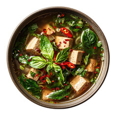 Wall Mural - Delicious tofu soup with fresh herbs, chili, and spices, served in bowl. This vibrant dish is perfect for comforting meal