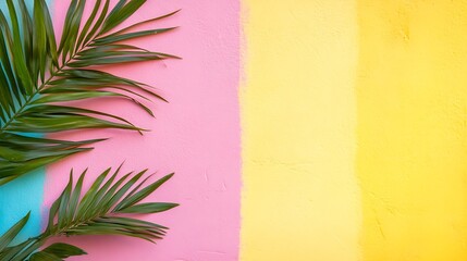 Poster - Vibrant Tropical Colors with Palm Leaf Against a Pink and Yellow Wall : Generative AI