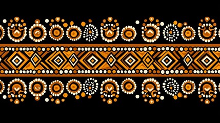 Wall Mural - Aboriginal art border, orange and white pattern, black background, textile design