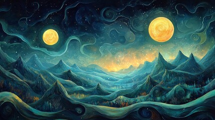 Wall Mural - Dreamlike landscape glows softly under two luminous moons vibrant teal and gold hues paint a mystical night scene. AI Generated