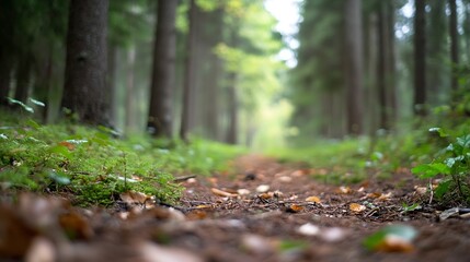 Poster - Serene forest pathway with lush greenery and soft natural light creating a tranquil atmosphere for relaxation : Generative AI