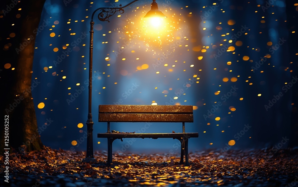Magical Park Bench Under a Glowing Streetlamp with Falling Autumn ...