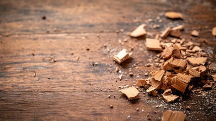 Fototapete - Rustic Wood Chunks and Sawdust on a Table for Craft Projects : Generative AI