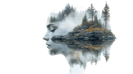 Aufkleber - A surreal depiction of a woman's profile blended with natural landscapes, symbolizing tranquility and connection to nature.