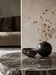 Poster - Stylish interior decor featuring dried flowers in a vase on a marble table in modern living space : Generative AI