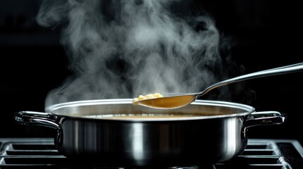 a ladle scooping soup from a pot on a stove.