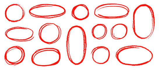 Poster - Hand drawn red highlight oval frame shape set. Doodle crayon pencil, marker brush stroke oval underline element pack. Hand drawn pencil stroke sketch marker vector illustration