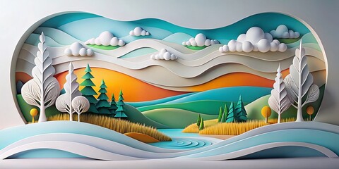Wall Mural - abstract white paper cut landscape background - minimalist nature scene
