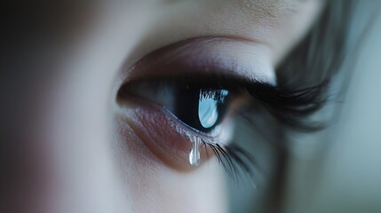 Poster - Close Up of a Tear Drop Sliding Down a Beautiful Eye in Natural Light : Generative AI