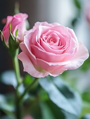 Poster - Beautiful Pink Rose in Full Bloom with Soft Petals and Green Leaves : Generative AI